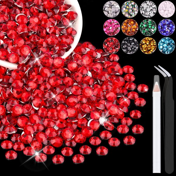 2500PCS 5mm Resin Rhinestones in Bulk (Red), Bedazzling Flatback Crystals for Crafts DIY Nail Decoration, Gems Charms for Tumbler Shoes Clothing Fabric with Pickup Pen and Tweezers