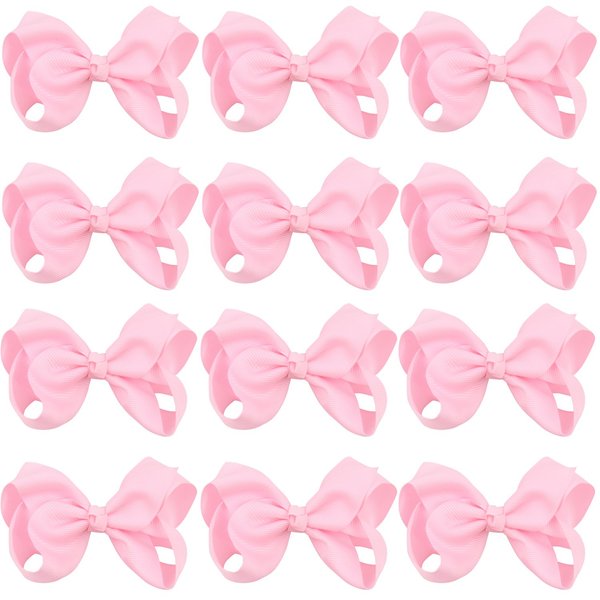 4 Inch Boutique Girls Hair Bows Hair Clips for Baby Girls Toddlers 12 Pcs Solid Color (Pink)