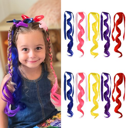 Z-CHARMMY Colored Curly Hair Extensions with Satin Ribbon, Tie-in Rainbow Colored Hair Extensions for Kids, Wrap Around Colorful Ponytail for Girls, 5 Color, 10 Pieces
