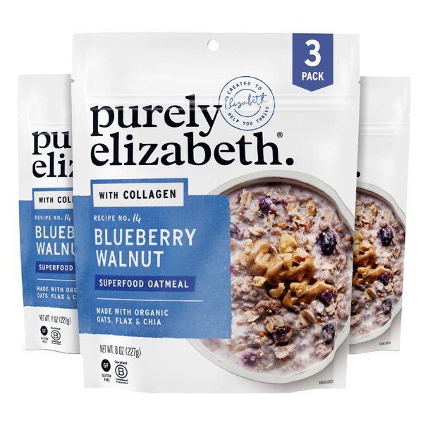 Purely Elizabeth Collagen Oatmeal, Blueberry Walnut, Made with Organic Oats, Amaranth, Quinoa, and Chia Seeds, Gluten-Free, Non-GMO (3ct, 8oz Bags)