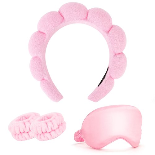 CAVETEE Spa Headband With Sleep Eye Mask Set, Spa Party Decorations Bubble Headband Thick Sponge Headband with Strong Water Absorption for Makeup Removal Skincare Shower (Pink)