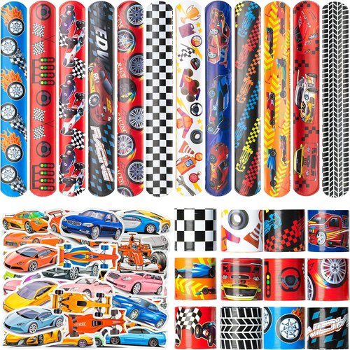 Haooryx 74PCS Racing Car Slap Bracelets 50PCS Race Car Stickers Party Favors Racing and Speed Themed Wristband Checkered Flags Slap Bracelets for Kids Car Birthday Party Classroom Rewards Supplies