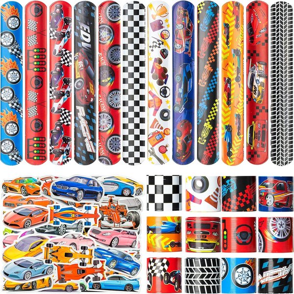Haooryx 74PCS Racing Car Slap Bracelets 50PCS Race Car Stickers Party Favors Racing and Speed Themed Wristband Checkered Flags Slap Bracelets for Kids Car Birthday Party Classroom Rewards Supplies
