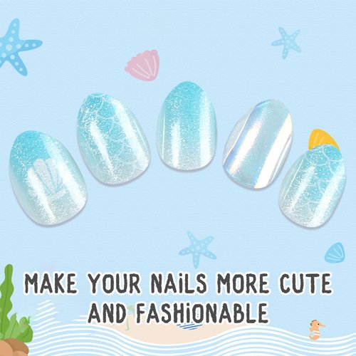 Kawyehu Kids Press on Nails Short Almond Children Fake Nails Artificial Nail Tips Adhesive Full Cover Short False Fingernails for Girls Kids Nail Decoration (Shine Ocean Party)