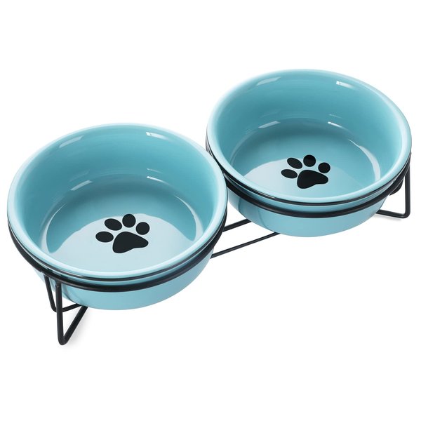 GDCZ Ceramics Raised Cat Small Dog Bowls with Heighten Metal Stand for Pet Food 15 Ounces, Turquoise