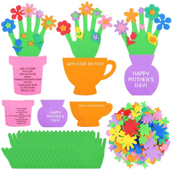 12 Sets Mother’s Day Flower Handprint Craft Kit Mother Day Craft for Kids Handprint Flower Pot DIY Foam Spring Crafts Happy Mother's Day Decorations for Home School Classroom Fun Activities, 3 Designs