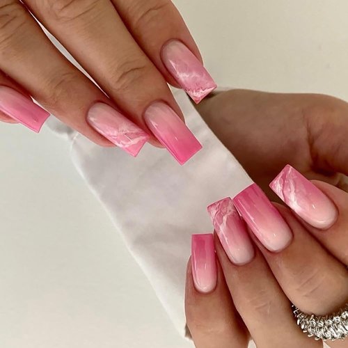 ANDGING Pink Press on Nails Medium Square Ombre Fake Nails with Marble Design Gel Acrylic Glue on Nails for Wedding Birthday Gradient Stick on Nails for Women Manicure False Nails with Glue ALP888L