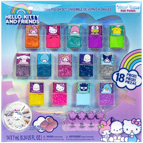 Townley Girl Hello Kitty and Friends Peel-Off Nail Polish Set with Glittery Shimmery & Opaque Colors & Nail Accessories for Girls Ages 3+ For Parties & Makeovers, 18 Pc Set