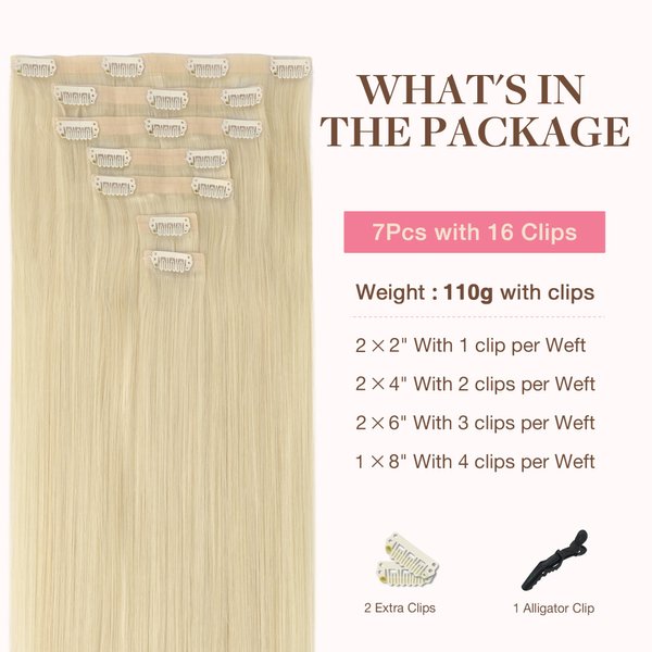 GOO GOO Clip in Hair Extensions Real Human Hair, Remy Human Hair Extensions Clip ins for Women, Natural Human Hair, 22inch 110g 7Pcs, 60A Platinum Blonde