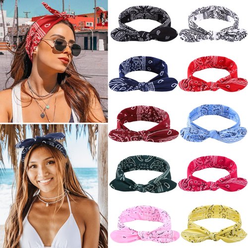 TOBATOBA 10Pcs Bandana Headbands for Women Hair Bandanas for Women Vintage Paisley Bandana Headband Boho Elastic Bow Headbands Hair Wraps Head Bands for Women's Hair Cute Hair Accessories