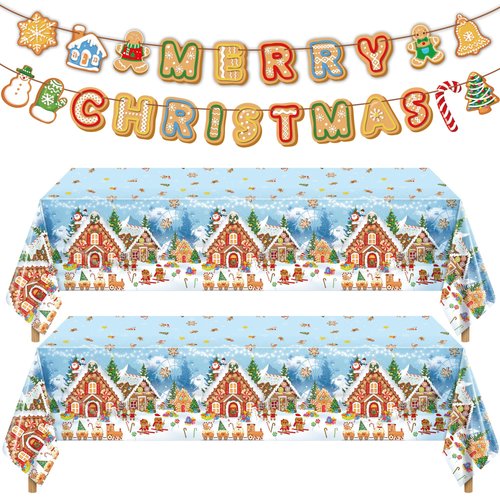 durony Christmas Gingerbread Tablecloth Banner Set, 2 Pieces Christmas Gingerbread Table Cover and 1 Gingerbread Man Banner Xmas Gingerbread Man Party Supplies for Christmas Holiday Decorations
