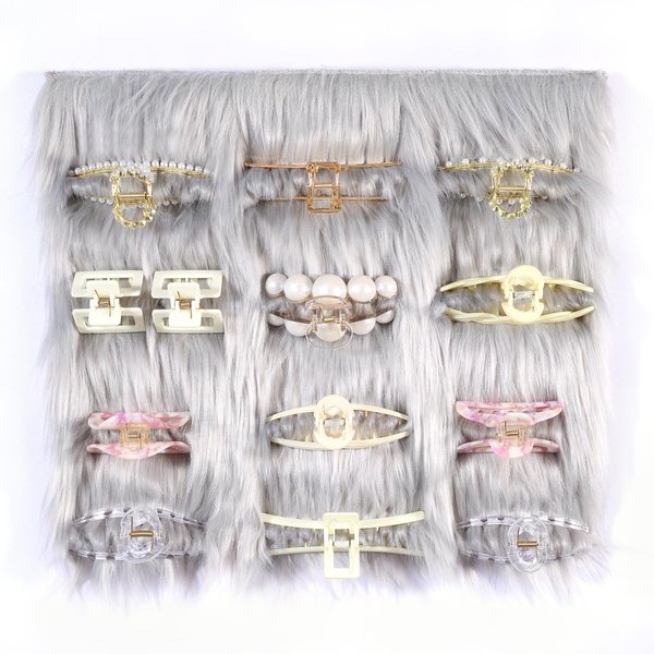SNOWSTAR Claw Clip Organizer Holder,Claw Clip Holder and Storage Decoration,16*14 inch Hair Clip Organizer Faux Fur Squares Stand for Women and Girl,Hair Clips Fluffy Decor Display (Grey)