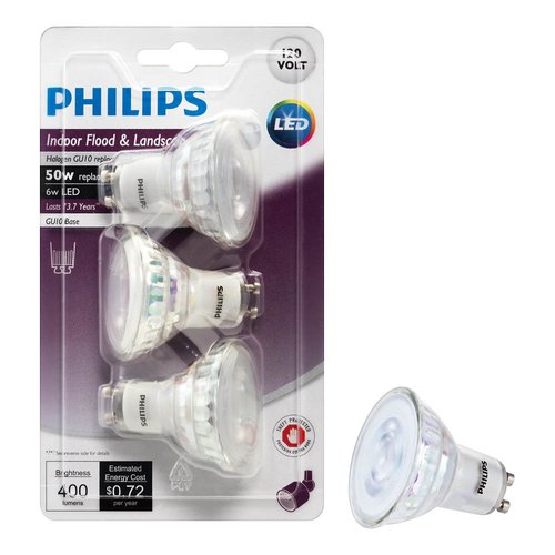 Philips LED GU10 Dimmable 35-Degree Spot Light Bulb: 400-Lumen, 3000-Kelvin, 6-Watt (50-Watt Equivalent), Bright White, 3-Pack