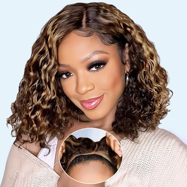 Eyefanniy Glueless Wigs Human Hair pre plucked Pre Cut, Blonde Highlights Short Curly Bob Lace Front Wigs for Black Women, 4x4 Lace Closure Wig with Elastic Band for Beginners, 200% Density, 12 Inch