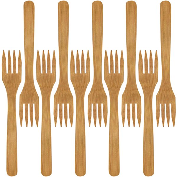 BambooMN Premium Solid Bamboo Dinner Fork 8" - All Natural Reusable Dinnerware - 10 pcs