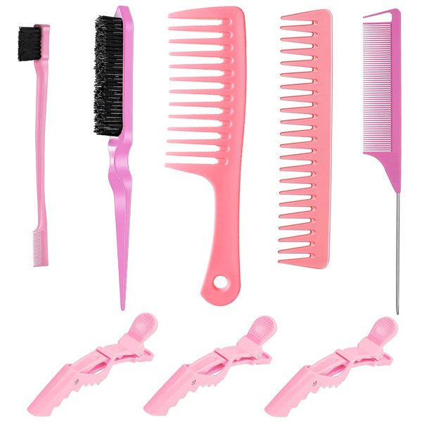 Edge Brush Teasing Brush Hair Comb Set with Wide Tooth Comb Rat Tail Comb and Hair Clips for Women Kids Baby Girls Smoothing Combing & Styling Hair (Pink)
