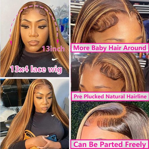 Ombre Lace Front Wig Human Hair 28inch Highlight 13x4 HD Straight Lace Front Wigs 180% Density 4/27 Colored Honey Blonde HD Lace Frontal Wigs For Women Glueless Pre Plucked with Baby Hair