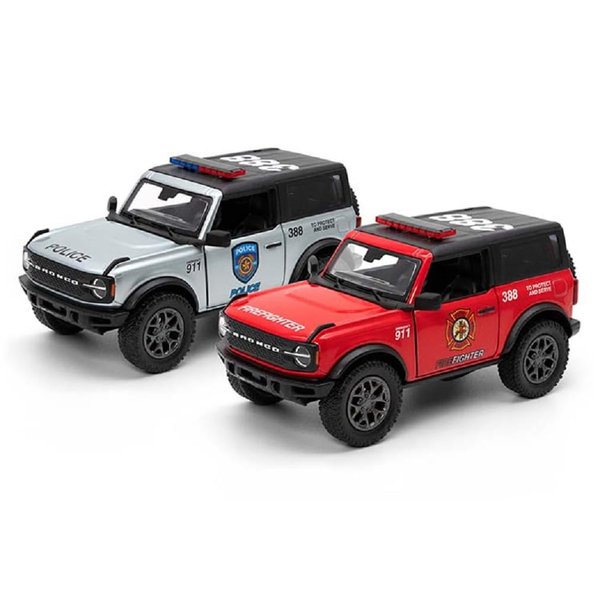 KiNSMART 2022 Ford Bronco Police & Fire Editions 2Set 5" 1:34 Scale Die Cast Metal Model Toy Trucks