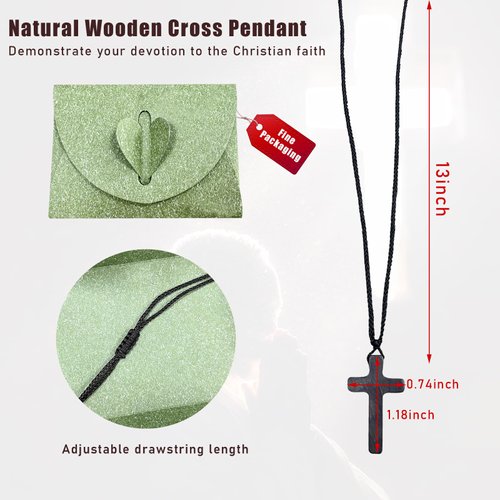 Ziciner Natural Wooden Cross Pendant Necklaces, Adjustable Handcrafted Wooden Car Rearview Mirror Pendant, Universal Vehicle Rear View Mirror Decoration for Men and Women (Standard, Black)