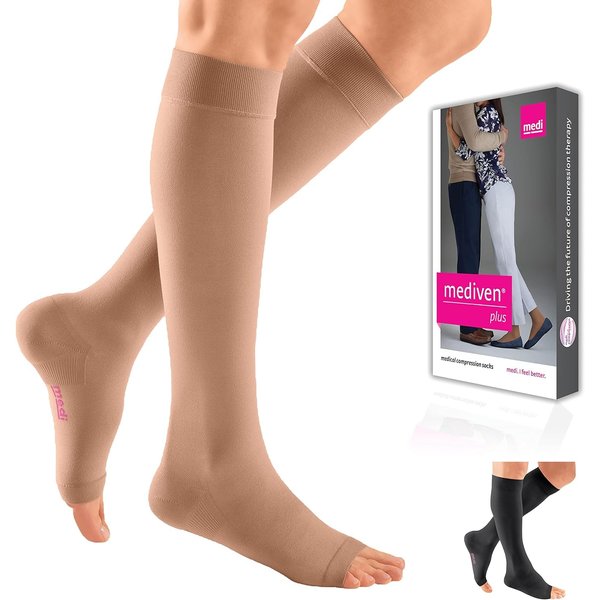 mediven Plus for Men & Women, 20-30 mmHg – Knee High Compression Socks with Silicone Top Band, Open Toe Leg Circulation, Opaque Leg Support Compression Coverage, V, Standard, Beige