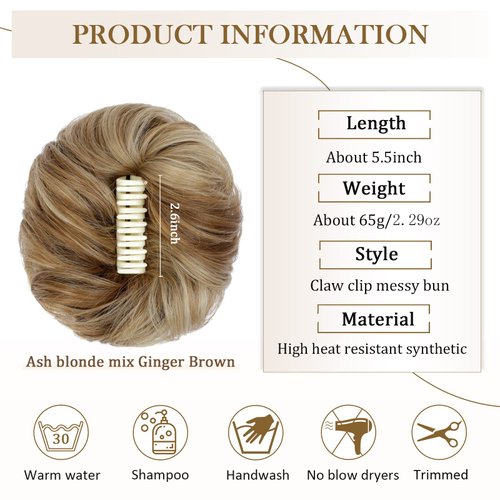 Wodelanle Messy Bun Hair Piece Claw Clip Messy Hair Bun Wavy Curly Chignon Hair Bun Extensions Tousled Updo Hair Buns Claw Clip Ponytail Hairpieces Scrunchies for Women(Ash blonde mix Ginger Brown)