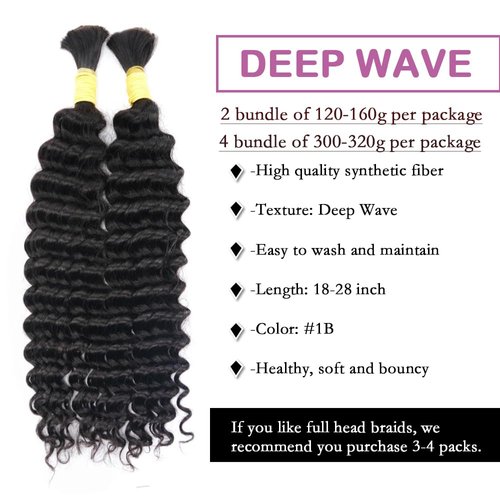 Deep Wave Bulk hair for Braiding Wet and Wavy Micro Braiding No Weft Faux Deep Wave Braiding Hair Extensions for Box Boho Braids 300g with 4Bundles #1B (20Inch)