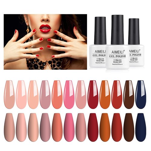 AIMEILI Soak Off U V LED Fall Gel Nail Polish Set for Halloween Nail Art Gifts, Wine Brown Neutral Gel Nail Polish Set Of 12pcs X 8ml - Kit Set 4