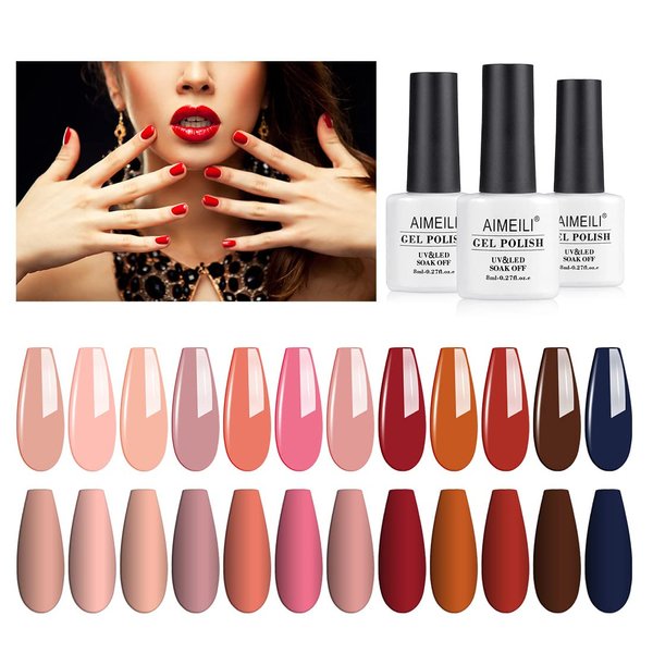 AIMEILI Soak Off U V LED Fall Gel Nail Polish Set for Halloween Nail Art Gifts, Wine Brown Neutral Gel Nail Polish Set Of 12pcs X 8ml - Kit Set 4