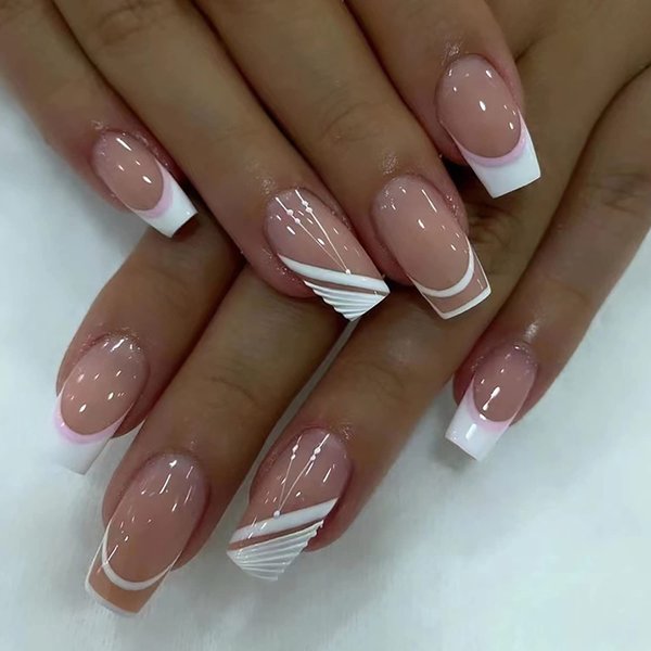 Short square Press On Nails, Coffin Shape Full Cover Reusable White Line Design False Nails with Glue, Stick On Nails for Women, Artificial Fingernails Acrylic French Glossy Fake Nails, Glue On Nails