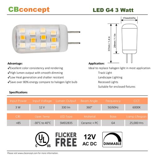 CBconcept UL Listed, G4 LED Light Bulb, 5 Pack, 3 Watt, Dimmable, 330 Lumen, Pure White 6000K, 360 degree Beam Angle, 12 Volt, 35W Equivalent, JC BiPin G4 Halogen Replacement Bulb