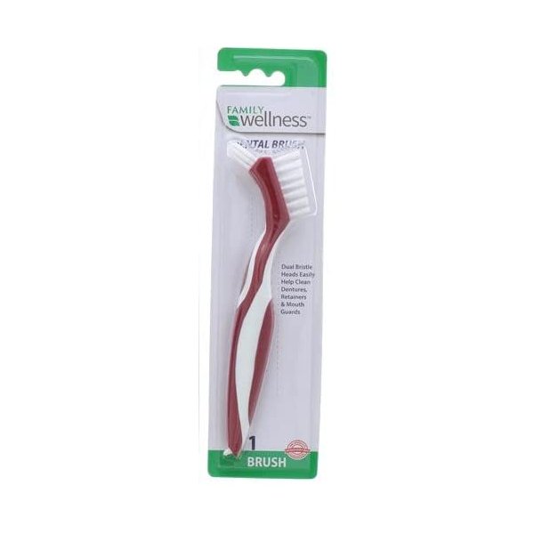 Family Wellness Denture Cleaning Brush, Dual Bristle Heads, with Deep Clean Pick, Assorted Colors