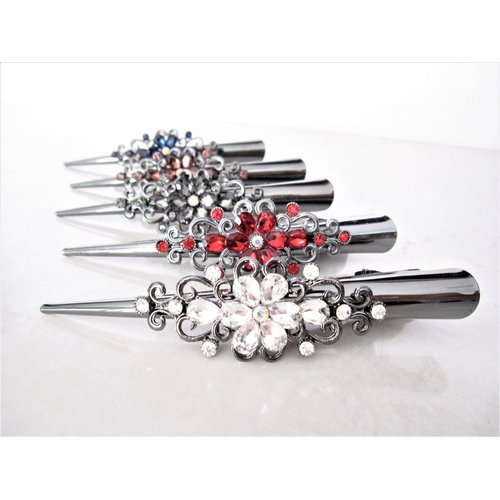 Dark silver alligator hair claw clips with flowers and crystals (Primary color: Gray)