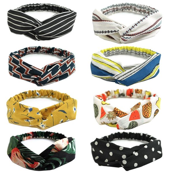 Eyanse Headbands for Women Knotted Flower Strpe Polka Dots Boho Printed Fashion Bow Yoga Elastic Fabric Cloth Hair Bands Chiffon Ladies Hair Wraps,Printed,8 Pcs