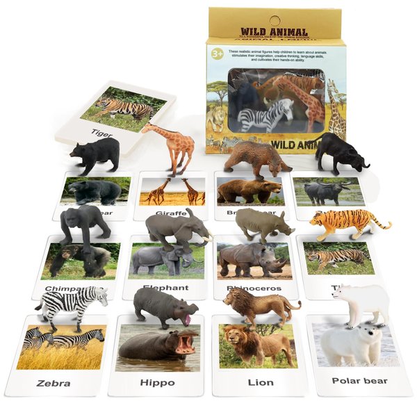 RUSON 12 Safari Animals Figures Toys with 12 Flash Cards, Realistic Mini Jungle Animal Figurines Cake Topper Party Supplies Montessori Animal Matching Game for Toddler Kids