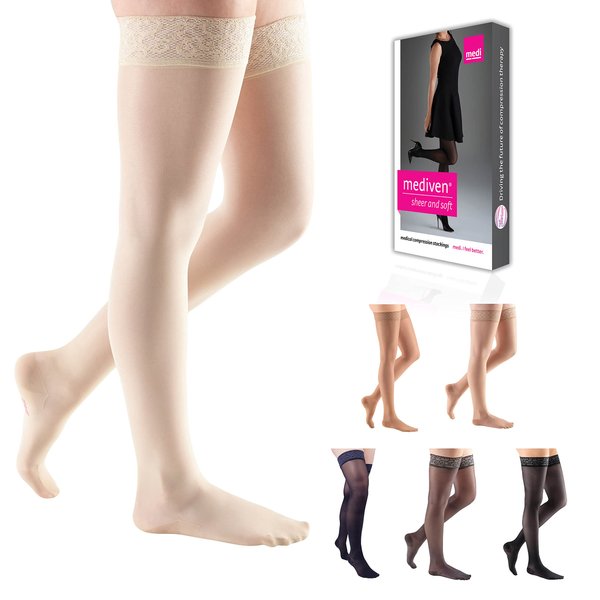 mediven Sheer & Soft for Women, 15-20 mmHg - Closed Toe, Thigh High with Top Band Compression Stockings, Sheer Hosiery, II, Petite, Wheat