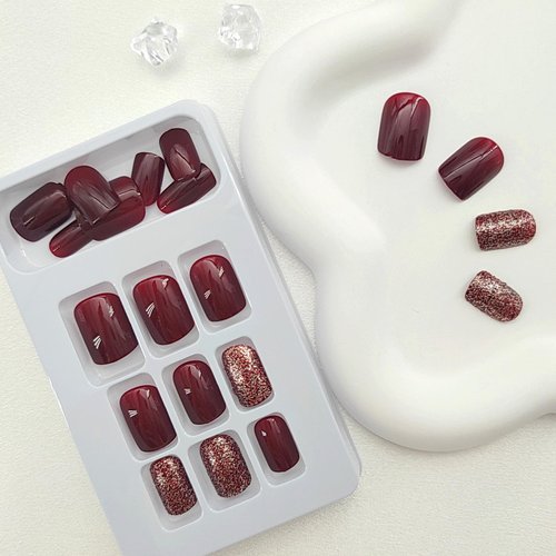Burgundy Press on Nails Short Square Fake Nails Glossy False Nails with Silver Glitter Designs Full Cover Acrylic Nails Fall Glue on Nails Short Artificial Nails for Women 24Pcs