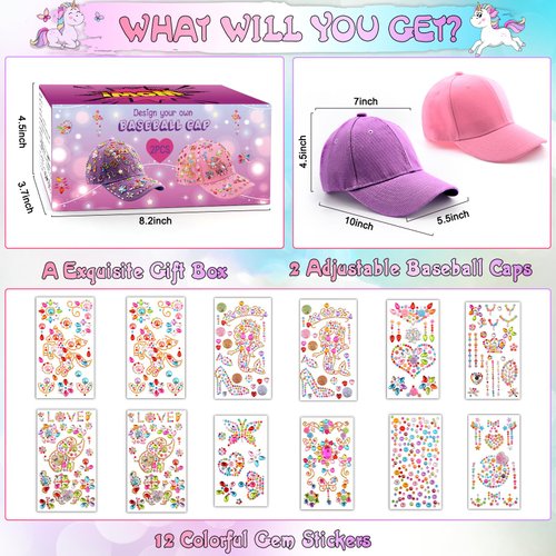 Christmas Gifts for Girls Decorate Your Own Baseball Cap with 12 Sheets Unicorn Gem Stickers, Fun Arts and Crafts Kit for Kids Age 4-12, 2PCS DIY Baseball Cap Birthday Gifts for Girls 4 5 6 7 8 9 10