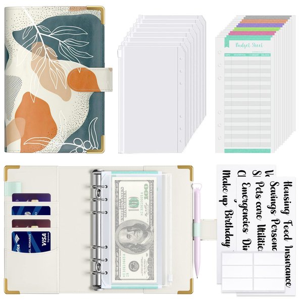 Rnivvi Budget Binder with Zipper Envelopes, A6 Money Saving Cash Envelopes for Budgeting, PU Leather Planner Organizer Bills, Boho Wallet Men, Abstract Leaves