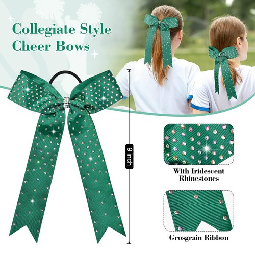 DEEKA 12 PCS Glitter Collegiate Style Cheer Bows Long Tail Full Rhinestones Skinny Shiny Cheer Bow Ponytail Holder Handmade Bows for Girls Teens Cheerleader Sports -Forest Green