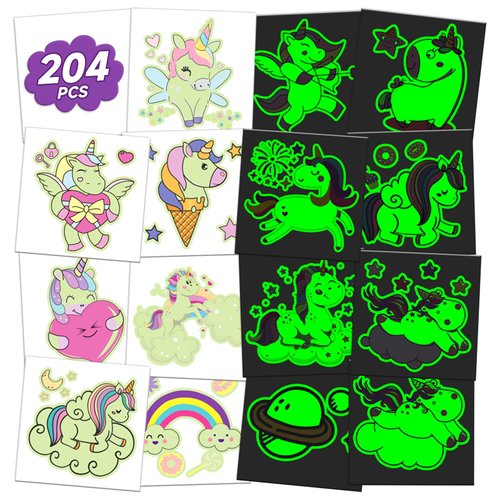 EMOME 204 Styles Luminous Temporary Tattoos for Girls, Kids Tattoo Stickers Pre-cut and Waterproof, Glows Party Favors Accessories Bulk Special for Girls Birthday Party Decorations