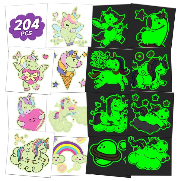 EMOME 204 Styles Luminous Temporary Tattoos for Girls, Kids Tattoo Stickers Pre-cut and Waterproof, Glows Party Favors Accessories Bulk Special for Girls Birthday Party Decorations