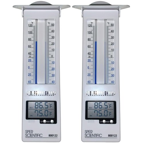 Sper Scientific Analog & Digital Min/Max Thermometer 800122 - Accurate Temperature Tracking, Weather-Resistant Design, Dual Display for Indoor & Outdoor Use, Ideal for Greenhouses, Labs & More - 2 pc