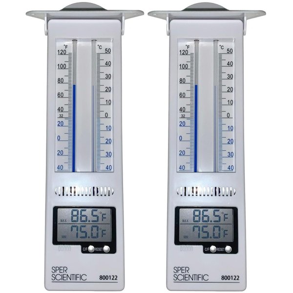 Sper Scientific Analog & Digital Min/Max Thermometer 800122 - Accurate Temperature Tracking, Weather-Resistant Design, Dual Display for Indoor & Outdoor Use, Ideal for Greenhouses, Labs & More - 2 pc