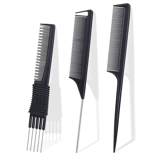TsMADDTs Rat Tail Combs for Women and Men, 3Pcs Hair Combs Set for Braiding, Parting, Styling, Fine Tooth Comb, Black