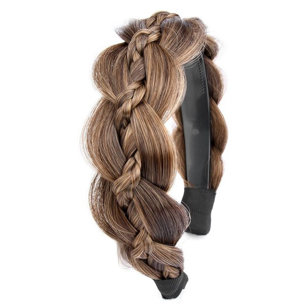 VOPPIS Wide Braided Headband with Teeth Synthetic Hair Plaited Headband Fishtail Braided Hair Band Hairpiece for Girls Women Beauty Accessory (Claybank, Wide)