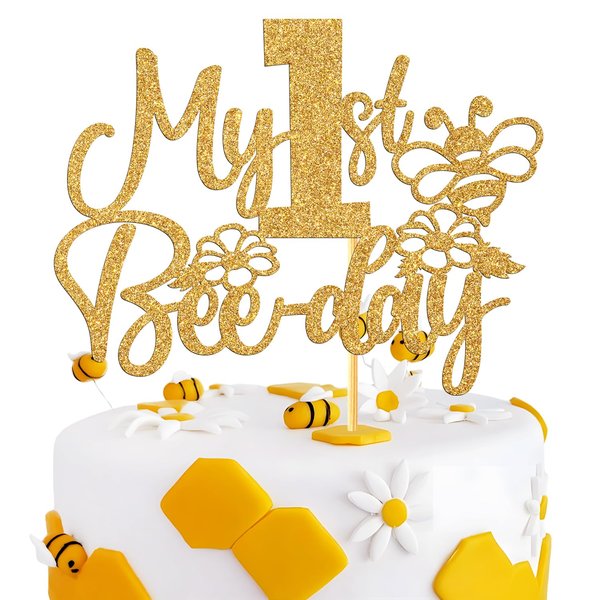 My 1st Bee Day Cake Topper, Happy 1st Birthday Cake Decor, Bumble Bee Honey theme Baby Shower, Baby One Year Old Party Decoration Supplies for Boy Girl