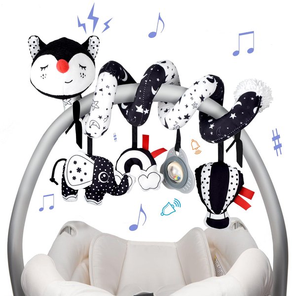 XIXILAND Musical Car Seat Toys Black and White Baby Toys, Infant Toys 0-6 Months Stroller Toys Newborn Toys, High Contrast Baby Toys for Newborn, Gift for 0 3 6 9 12 Months Girls Boys Babies