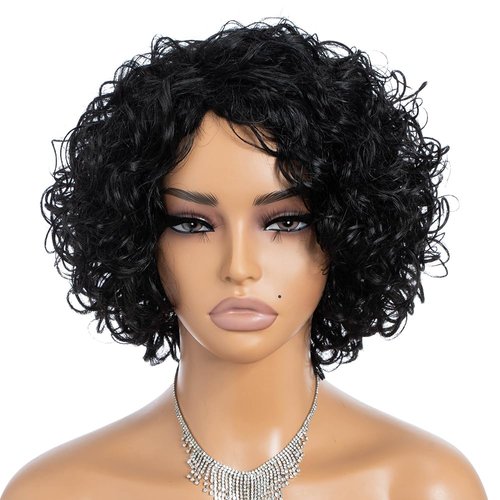 Rebecca Fashion Short Wavy Human Hair Wigs for Black Women Cute Curly Bob Wig Side Part Non Lace Glueless Wigs Brazilian Remy Natural Looking, Natural Black Color