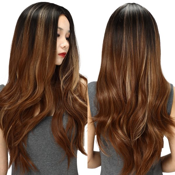 topshe Wigs for Women Auburn Hair No Bang 24 Inch Middle Part Long Wigs Synthetic Wig Wavy Hair Light Weight Low Density Realistic Wigs for Concert