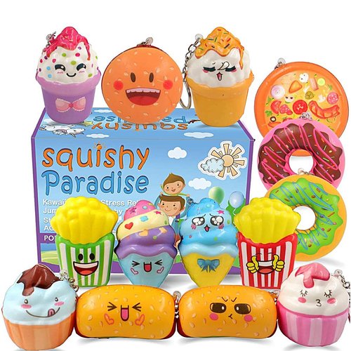 POKONBOY Squishies Donut Squishy Toys, 14 Pack Food Squishies Kawaii Cute Donuts & Ice Cream & Pizza Slow Rising Creamy Scent Stress Relif Squishies Pack Party Favors Decorative with Key Chain